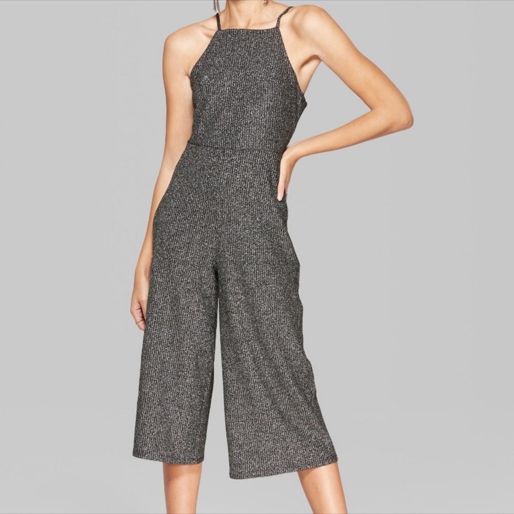 Metallic Square Neck Knit Cropped Jumpsuit